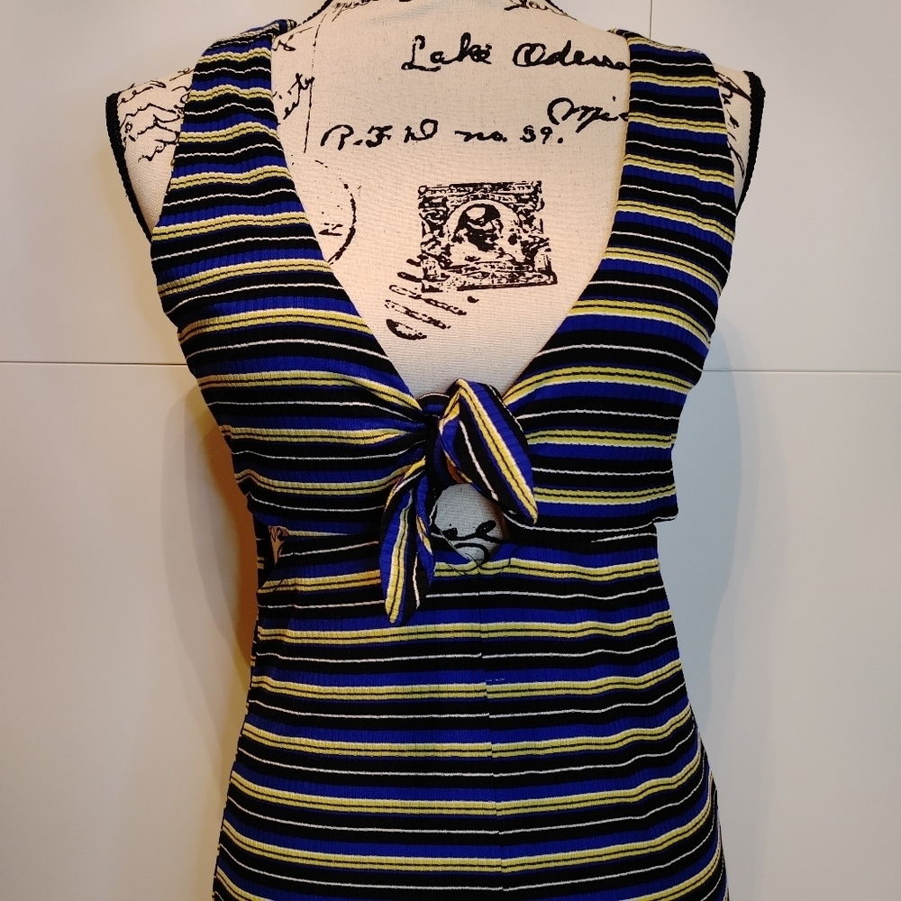 Love riche Blue Yellow Striped Cutout Bodycon Dress M Boutique - Picture 3 of 10